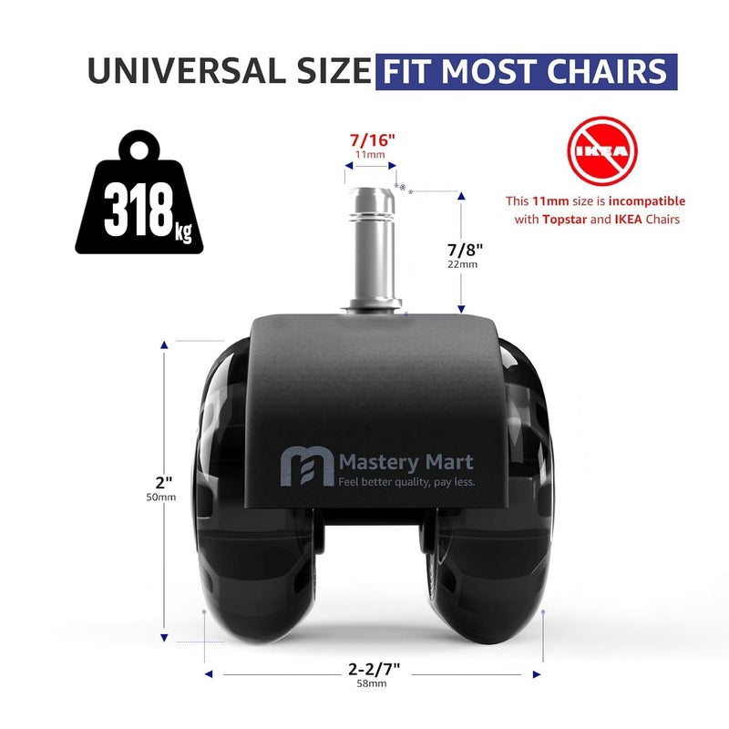 Mastery Mart Office Chair Caster Wheels for Hardwood Floors, Heavy Duty and Quiet Smooth Roller Blade Wheels for Office Chair, Universal Size (11x22mm), Suitable for Most Chairs - Image 2